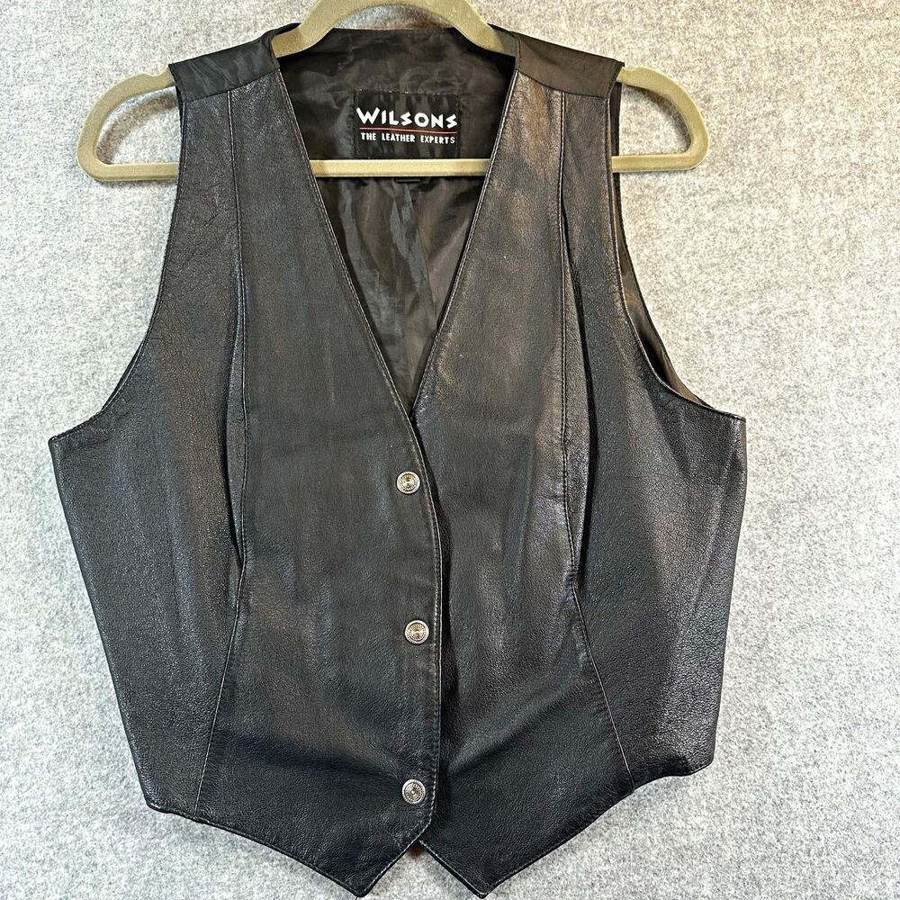 Wilsons Black Leather Snap Button Front Biker Vest Lined Women’s XL